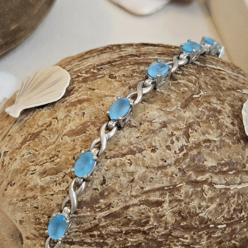 Frosted Blue Glass Sterling Silver Infinity Tennis Bracelet 925 7 1/4